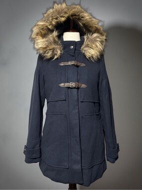 Women’s Navy Hooded Toggle Pea Coat with Faux Fur Trim